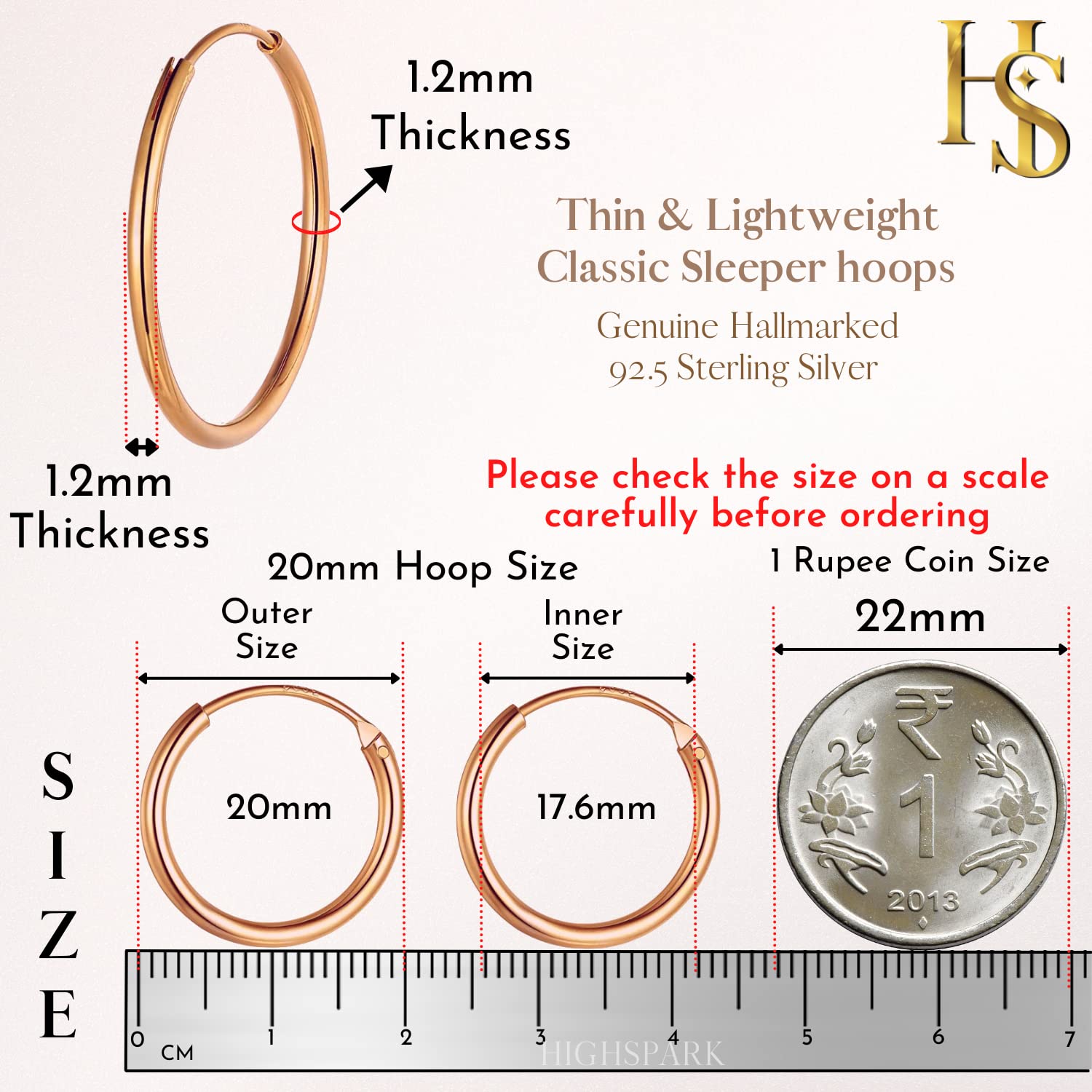 Women's 925 Silver Hoop Earrings in Rose Finish, Classic Style